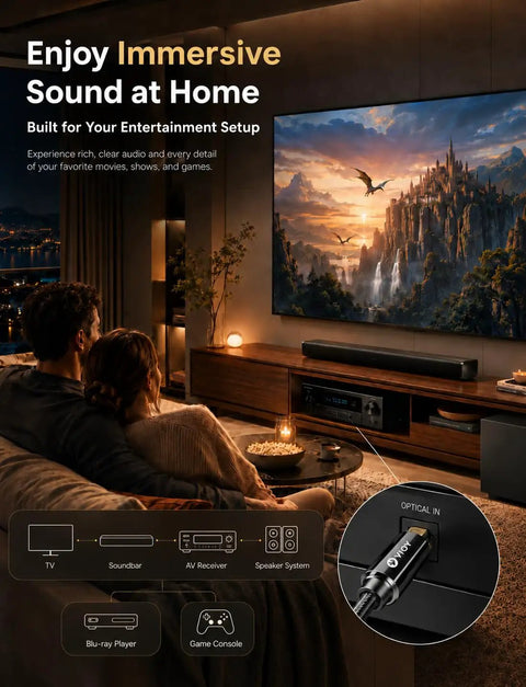 Toslink Digital Optical Audio Cable 6.6 Feet Fiber Optic Braided Cord connecting TV to soundbar in home theater setup.