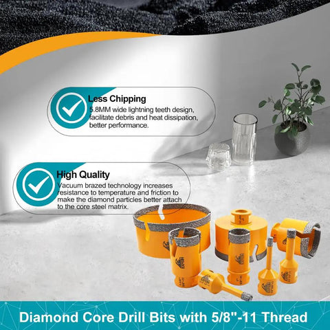 Diamond Core Drill Bits Set Of Two One Quarter Inch Tile Hole Saw For Porcelain Ceramic Marble And Granite Dry Or Wet Use Durable Diamond Bit For Precise Holes In Tile Stone with 5/8-11 thread displayed.