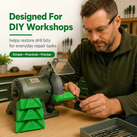 Top Notch 3 Piece Drill Bit Sharpener Guide Jig Kit For Manual Bench Grinder Angle Tool with 90, 118, 135 degree settings in use.