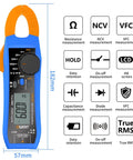 Compact Digital Clamp Meter 100A True RMS Multimeter for DIY pros showing features like NCV, VFC, LCD, and diode test