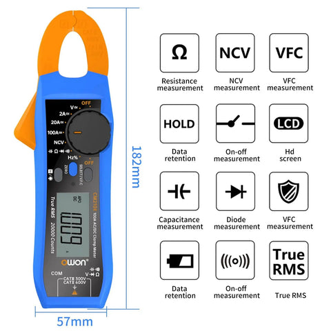 Compact Digital Clamp Meter 100A True RMS Multimeter for DIY pros showing features like NCV, VFC, LCD, and diode test