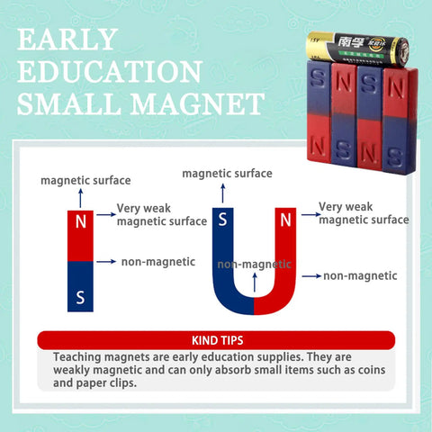 Diagram showing Two Pack Kid-Friendly Bar Magnets with clear North and South Poles for hands-on science experiments.