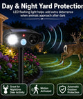 Deer Repellent Pack 4 With Solar Powered Ultrasonic Motion Sensor and LED Flashlight IP65 Waterproof Cat and Rabbit Deterrent for Outdoor Gardens and Yard No Go Zone Keeps Flowers Safe From Browsing Deer and Wildlife, night yard setup