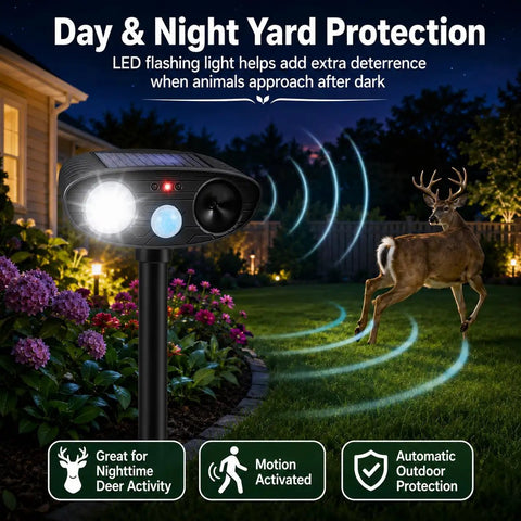 Deer Repellent Pack 4 With Solar Powered Ultrasonic Motion Sensor and LED Flashlight IP65 Waterproof Cat and Rabbit Deterrent for Outdoor Gardens and Yard No Go Zone Keeps Flowers Safe From Browsing Deer and Wildlife, night yard setup