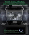 Dope Dual Bin Resin Washer For 3D Printers in oscillating cleaning mode with liquid bath and adjustable features.