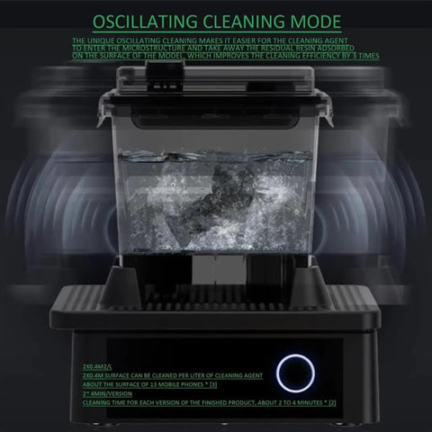 Dope Dual Bin Resin Washer For 3D Printers in oscillating cleaning mode with liquid bath and adjustable features.