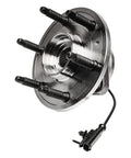Beefed Up Front Wheel Bearing Hubs Kit For 4WD Chevy GMC Silverado Sierra Yukon Suburban Tahoe Avalanche Cadillac Escalade ESV EXT 6 Studs Models With Two Bearings And Hubs Mounting Replacement, front view of hub with six studs and ABS sensor wire.