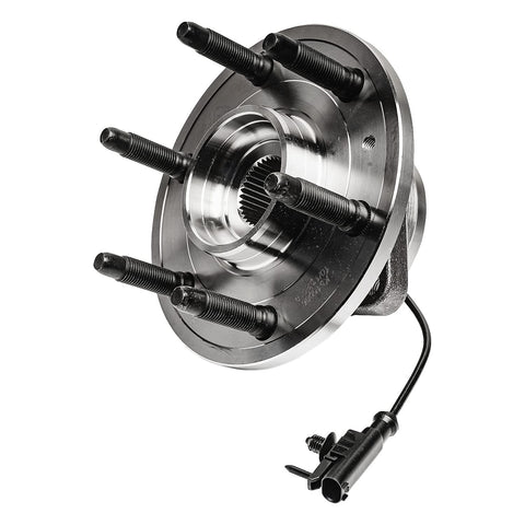 Beefed Up Front Wheel Bearing Hubs Kit For 4WD Chevy GMC Silverado Sierra Yukon Suburban Tahoe Avalanche Cadillac Escalade ESV EXT 6 Studs Models With Two Bearings And Hubs Mounting Replacement, front view of hub with six studs and ABS sensor wire.
