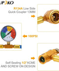 DIY Car AC Recharge Kit With Gauge And 1/2 Inch Self Sealing Valve Can, R134A Refrigerant Hose Close-up View Showing Gauge and Couplers