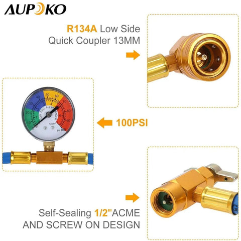 DIY Car AC Recharge Kit With Gauge And 1/2 Inch Self Sealing Valve Can, R134A Refrigerant Hose Close-up View Showing Gauge and Couplers