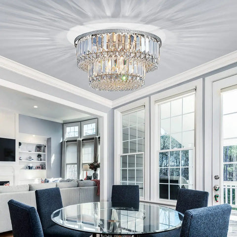 K9 Crystal 3-Light Two-Tier Flush Mount Ceiling Light Fixture in a modern living room setting, 9-Inch H X 10-Inch Dia, sleek chandelier design