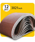 Image of 3 by 21 inch sanding belt pack with 12 belts four each of 80 120 150 grit aluminum oxide for your sander antistatic and washable resin