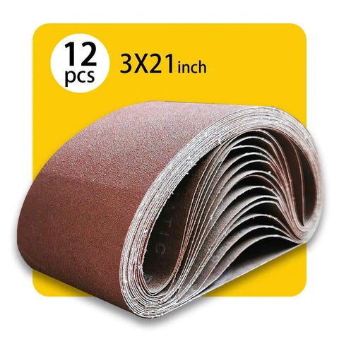 Image of 3 by 21 inch sanding belt pack with 12 belts four each of 80 120 150 grit aluminum oxide for your sander antistatic and washable resin