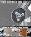 Close-up of cordless nibbler for 18V and 21V batteries cutting metal, showing cutting head and material compatibility.