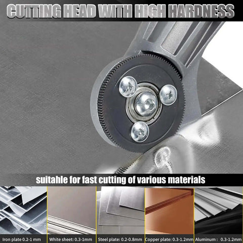 Close-up of cordless nibbler for 18V and 21V batteries cutting metal, showing cutting head and material compatibility.