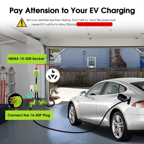 Rad 30 Amp 240 Volt Dryer Y Splitter Adapter Converts Nema 10 30 Male Plug To Dual Receptacles For Tesla Ev Charging setup in garage.