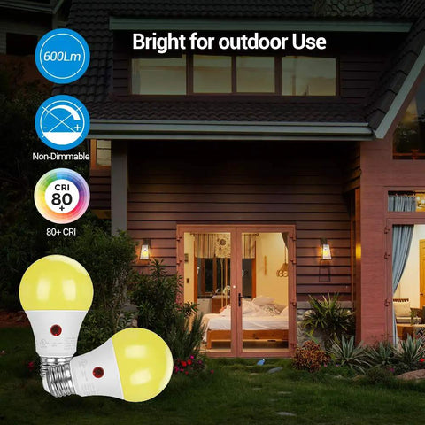 4 Pack Dusk To Dawn Outdoor LED Bulbs 9W 60W Equivalent 5000K Daylight White Built In Dusk To Dawn Sensor shown by porch