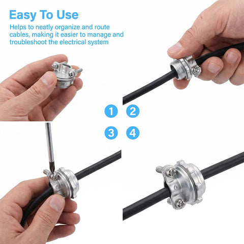 Heavy Duty Zinc Wire Clamps Bulk Pack Of Fifty Secure Electrical Box Connectors With Ironclad Strain Relief Fittings, shown during installation.