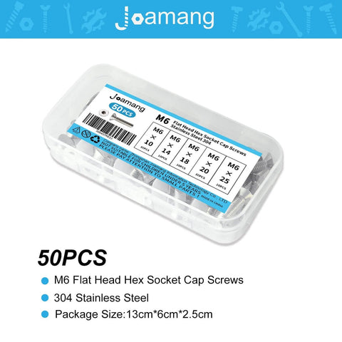 M6 Flat Head Hex Socket Cap Screws Assortment Kit 50Pcs Stainless Steel 304 Countersunk Bolts package with sizes 10-25mm
