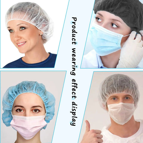 Individuals wearing Bouffant Hair Net Cap 21 Inch Elastic Dust Cap For Food Service And Sleeping, in various environments.