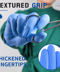 Premium Nitrile Exam Gloves 4 Mil Thick 100 Box Ripstop Power Textured Grip Snug Durable Fit For Clinic Kitchen And Cleaning Medium Size, featuring thickened fingertips for enhanced grip.