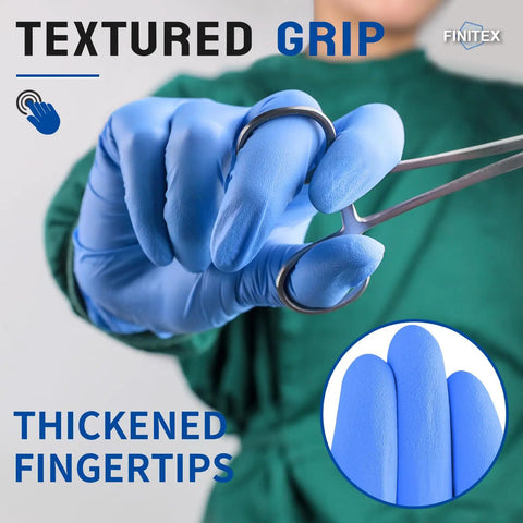 Premium Nitrile Exam Gloves 4 Mil Thick 100 Box Ripstop Power Textured Grip Snug Durable Fit For Clinic Kitchen And Cleaning Medium Size, featuring thickened fingertips for enhanced grip.