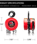 Top Shelf Manual Chain Block Hoist With Double Hook Setup And Precision Load Brakes Built Tough For Six Thousand Pound Lifting Jobs Around The Shop Without Breaking A Sweat, showing dimensions and design.