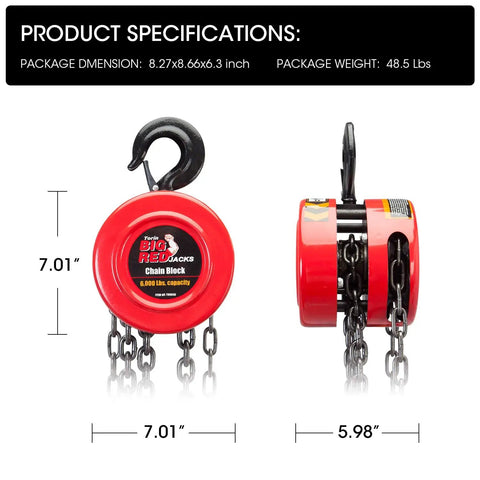 Top Shelf Manual Chain Block Hoist With Double Hook Setup And Precision Load Brakes Built Tough For Six Thousand Pound Lifting Jobs Around The Shop Without Breaking A Sweat, showing dimensions and design.