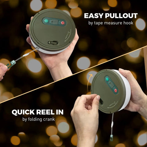 Person holding rechargeable camping lamp reel with easy pullout and quick reel-in features for outdoor string lights.