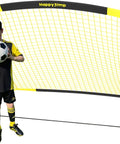 Portable Soccer Goal Set 7x5 Ft Plus 5x3 Point 6 Ft For Youth Practice Large Frame, easy setup in backyard with a young player holding a ball.