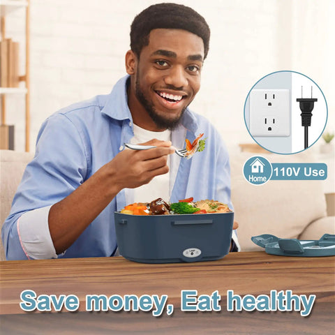 Man enjoying meal with Hot On The Go Electric Lunch Box Heats Your Meal Anywhere 80W Portable Food Warmer 110V in home setting