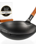Preseasoned 14 Inch Carbon Steel Wok With Round Bottom For Stir Fry Mastery, displayed beside Tastemaker Award 2025