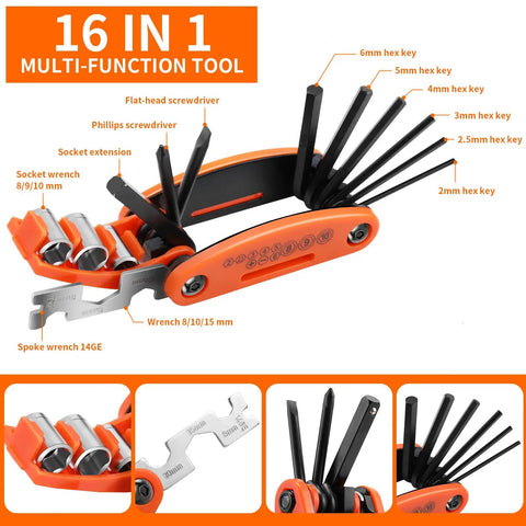 Bike Repair Kit 16 In 1 Multitool Portable Bicycle Tools With Tire Patch Kit showing hex keys, screwdrivers, wrenches details.