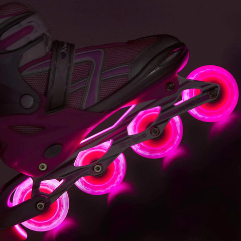 Adjustable Inline Skates For Girls With Illuminating Front Wheels Built For Cool Easy Learning Ride Comfortable And Durable Rollerblades For Beginners And Intermediate Riders glowing in the dark.