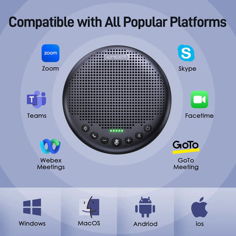 All In One Conference Speakerphone With Eight Mic Array Plus Satellite Mic, 360 Degree Voice Pickup, compatible with platforms.