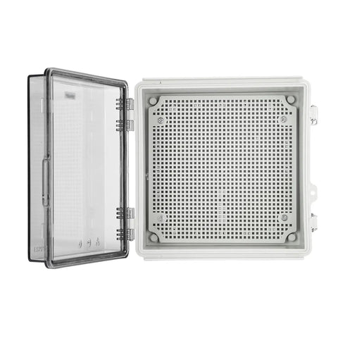 Top Shelf Hella Sturdy Weatherproof Junction Box With Clear Viewing Cover And Din Rail Mounting, open to show inside structure.
