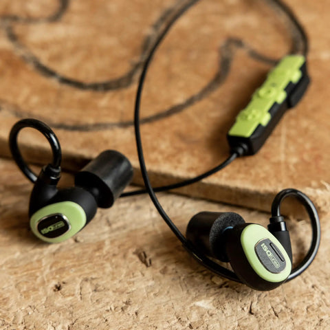 Green and black all day noise blocking earbuds with Bluetooth 5.0 27 dB NRR 79 dB volume limit OSHA compliant hearing protection.