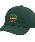Road Trip Ready Adjustable Printed Baseball Hat For Camping And Wine Loving RVers Dark Green with camping and wine design