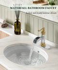 Waterfall Bathroom Faucet For 1 Or 3 Holes, Widespread Single Handle, Dope Gold And Chrome Finish, water flowing into sink