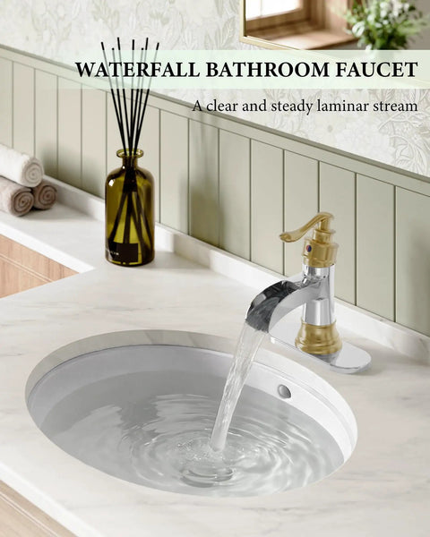Waterfall Bathroom Faucet For 1 Or 3 Holes, Widespread Single Handle, Dope Gold And Chrome Finish, water flowing into sink