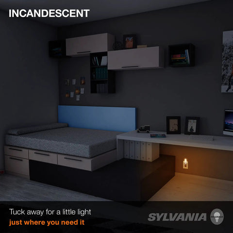 Incandescent C7 Night Light Bulbs 4W With E12 Candelabra Base Frosted Finish Warm White 2850K illuminating a cozy bedroom.