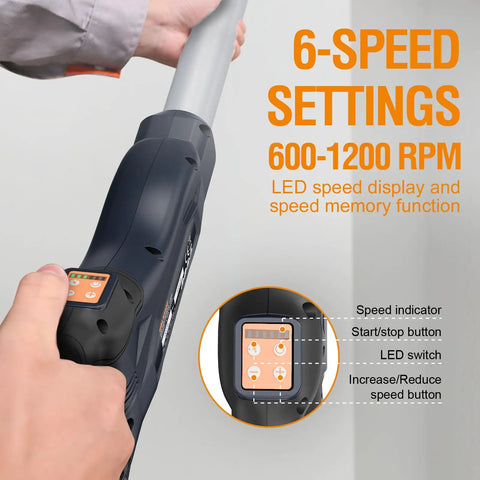 Person adjusting Electric Drywall Sander With Vacuum Dust Collection, Foldable Wall Sander, 6-speed 600-1200 RPM, LED display