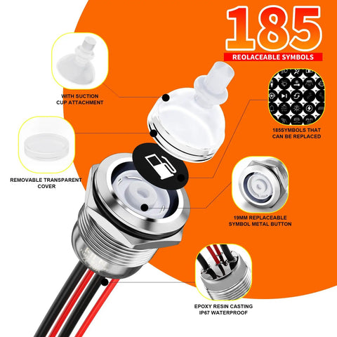 Two Pack 19mm Latching Push Button Switch Stainless Steel IP67 Waterproof LED Indicator With 185 Interchangeable Symbols For 12V 24V Marine Boat Car Audio Light Power Control Green Light 20A Plug N Play product display with components and replaceable symbols.