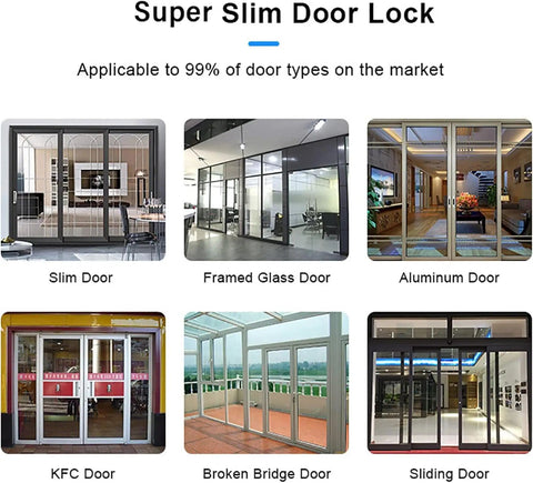 Super Slim Door Lock images showcasing various door types including Slim Door, Framed Glass Door, Aluminum Door, and Sliding Door.