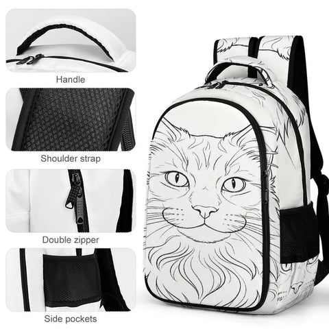 Long Fluffy Hair Feline Outline Print Unisex Backpack with side pockets, sturdy zipper, and handle details
