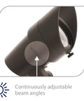 Close-up view of a 12V LED Landscape Accent Light With Adjustable Beam And Dimmable Brightness Built To Last Small Brass Bronze Coated Housing.