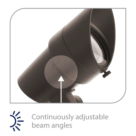 Close-up view of a 12V LED Landscape Accent Light With Adjustable Beam And Dimmable Brightness Built To Last Small Brass Bronze Coated Housing.