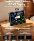 All In One Indoor Outdoor Weather Station With Atomic Clock, 7.5-inch display, on a wooden table, showing temperature and humidity.