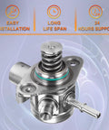 High Pressure Fuel Pump For Ford Taurus Focus 2013 To 2018 2.0L L4 Engines Budget Friendly Compatible With Fusion Edge Explorer Escape Lincoln MKZ MKT 2013 To 2016 Quiet Operation Easy Install And Reliable Fuel Delivery, shown from the side with installation icons in the background
