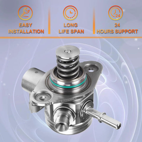 High Pressure Fuel Pump For Ford Taurus Focus 2013 To 2018 2.0L L4 Engines Budget Friendly Compatible With Fusion Edge Explorer Escape Lincoln MKZ MKT 2013 To 2016 Quiet Operation Easy Install And Reliable Fuel Delivery, shown from the side with installation icons in the background